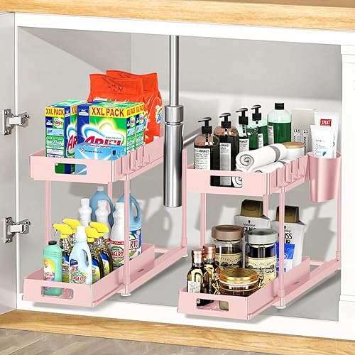 Miniatura 2 de POJORY Paquete de 2 organizadores y almacenamiento deslizantes dobles para debajo del fregadero, organizador extraíble de 2 niveles para debajo del
