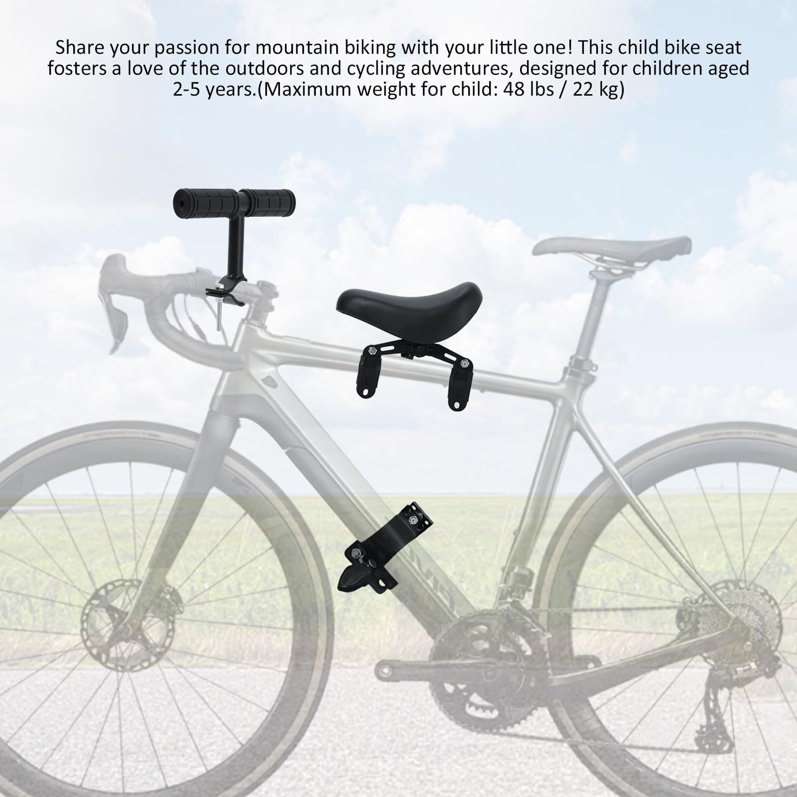BWBIKE Asiento Bicicleta Infantil Delantero Extraíble para Niños 2-5 Años con Reposapiés, Manillar de Seguridad y Pedales - Compatible con MTB Bicicletas Adultas (Montaje Frontal)