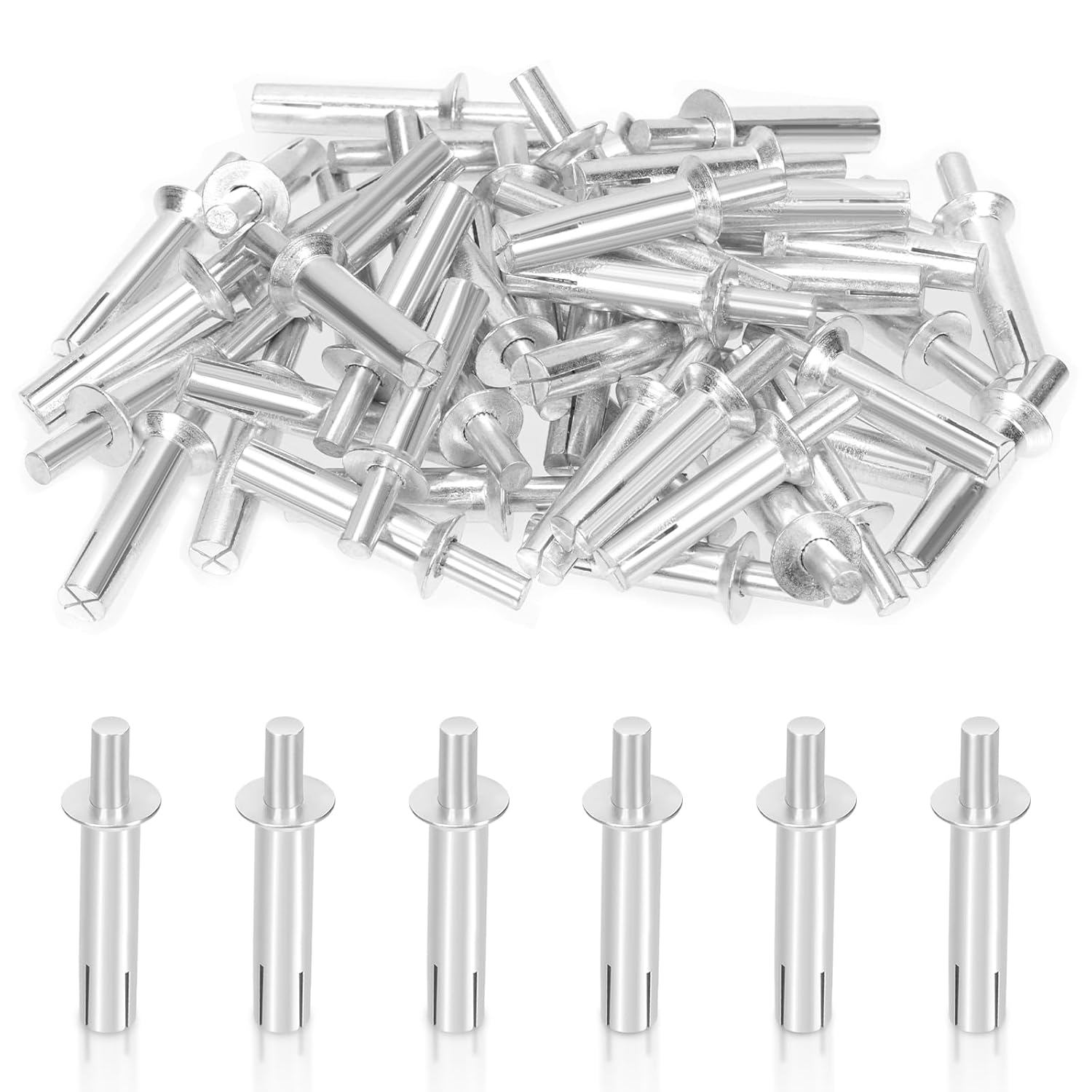 Swpeet 50Pcs M6.4 x 25mm Hammer Drive Aluminium Rivets Brazier Head Drive Pin Rivets Assortment Kit, Knock Type Expansion Aluminum Rivets Hammer Drive Aluminium Rivets for Mechanical Devices