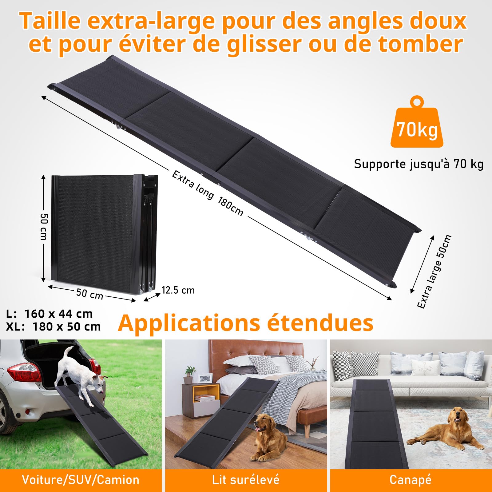 Rampe pour Chien Voiture Pliable 180 x 50 cm, jusqu'à 70 kg, Surface Antidérapante, Cadre en Aluminium Léger