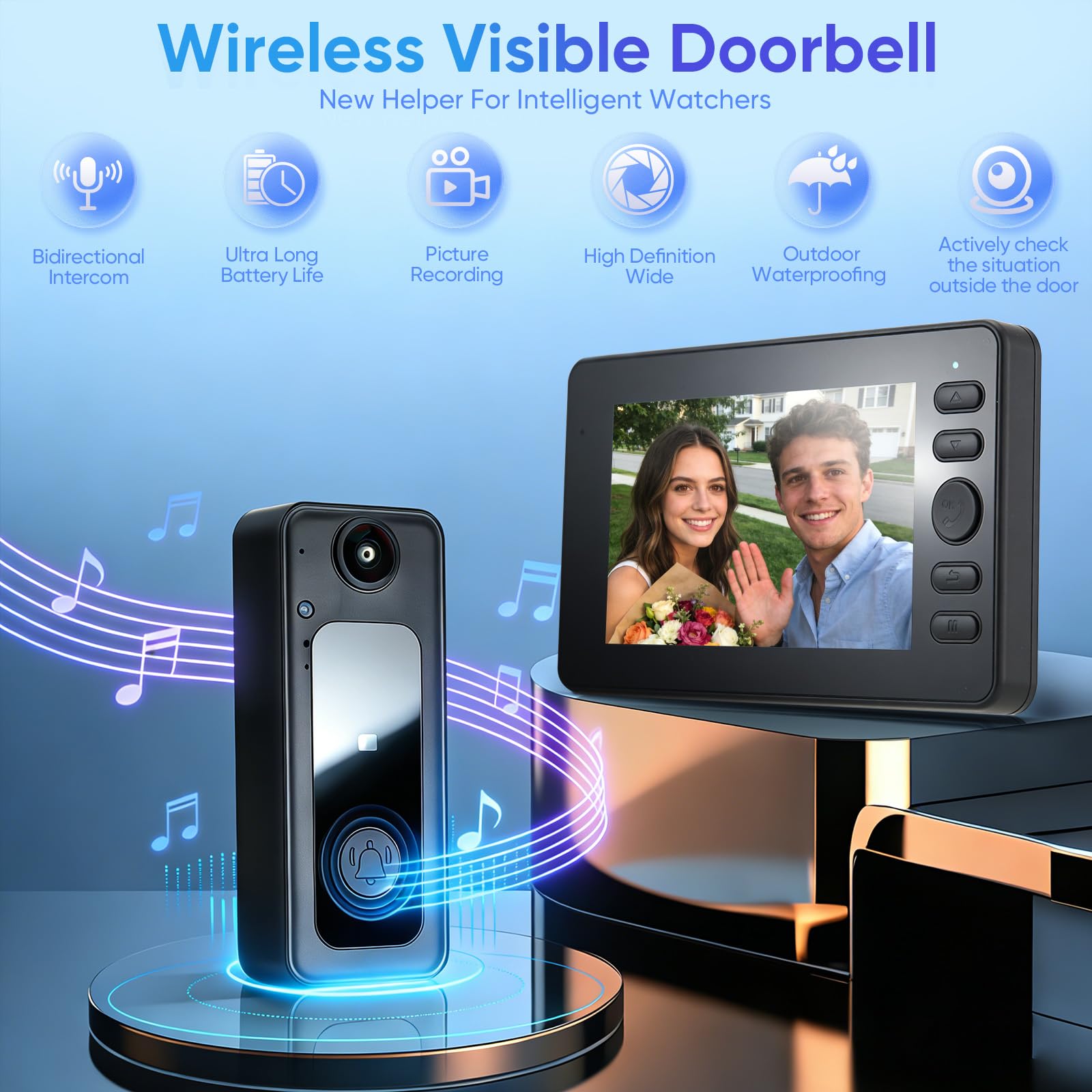 Sonnette sans Fil avec Caméra, Etanche Sonnette Vidéo sans Fil, 1080P HD IPS 4.3", Audio Bidirectionnel, Infrarouge Vision Nocturne, Résistant aux intempéries, Angle de Vision 170°, 2.4G WLAN