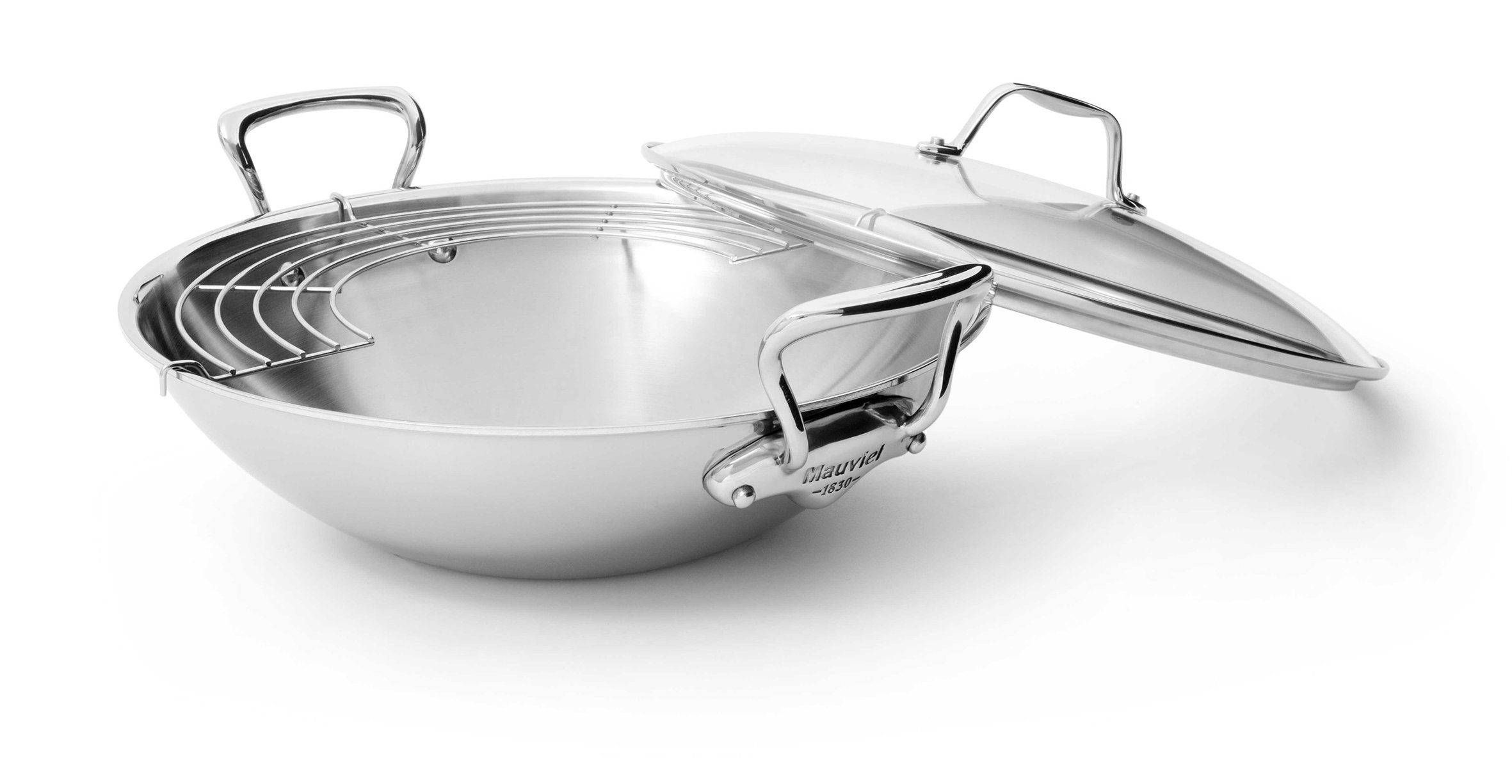 MauvielM'Cook 5-Ply Polished Stainless Steel Wok/Stir Frying Pan With Lid, Cast Stainless Steel Handles, 12.6-in, Made in France