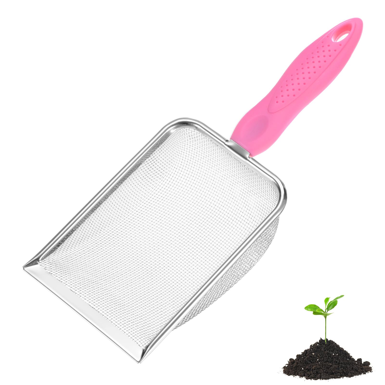M METERXITY 1-Pack Gardening Soil Sifter, 1.5 mm Mesh Stainless Steel Portable Gardening Sifter with Non-Slip Handle for Sand/Dirt/Rock/Compost [White, Pink]