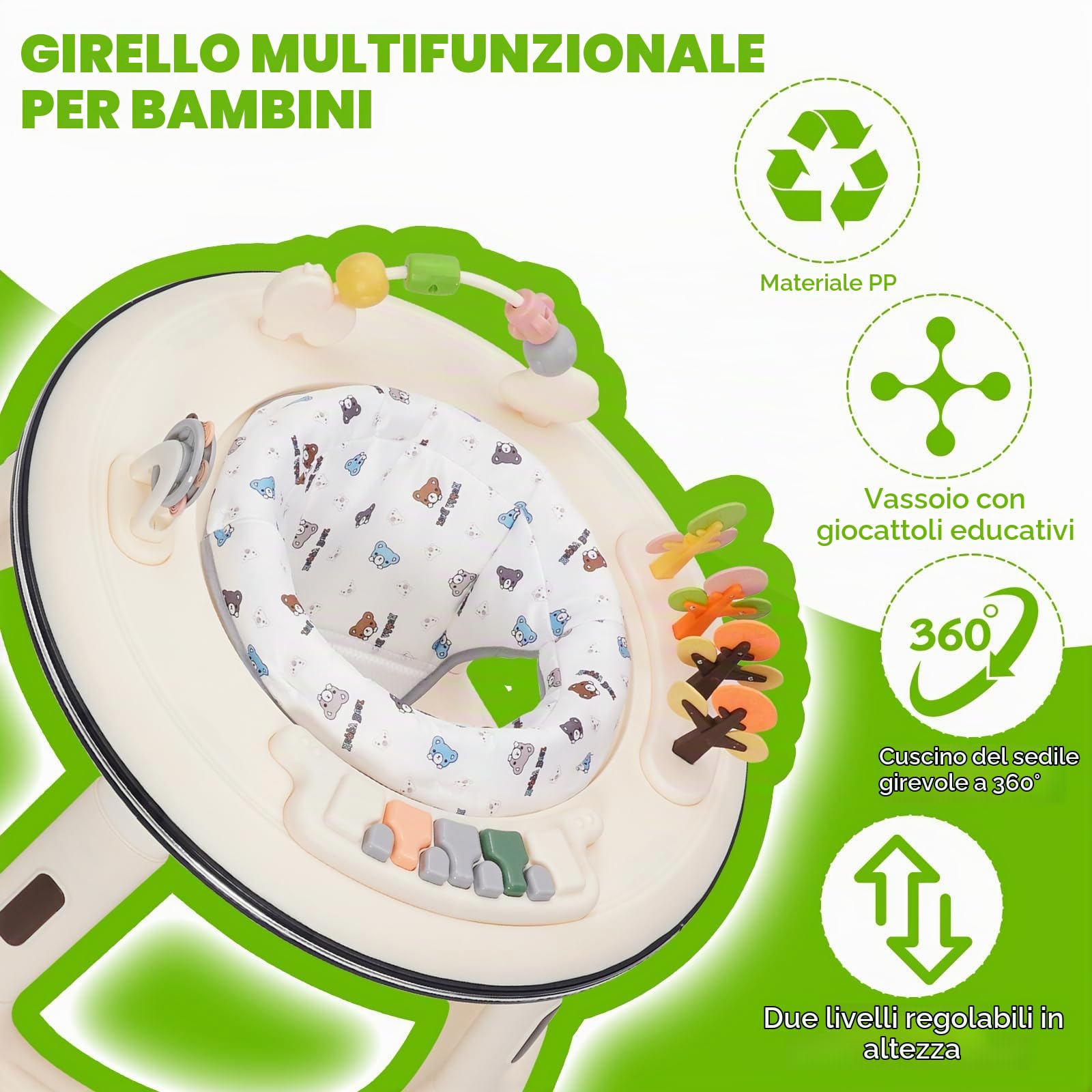 Girello Bambino,Girello 2 Altezze Regolabili,Resistente al Ribaltamento,BabyWalker con Giocattoli Montessori, Ruote Silenziose a 360° e Attività musicali staccabili, Da 9-18 Mesi in su