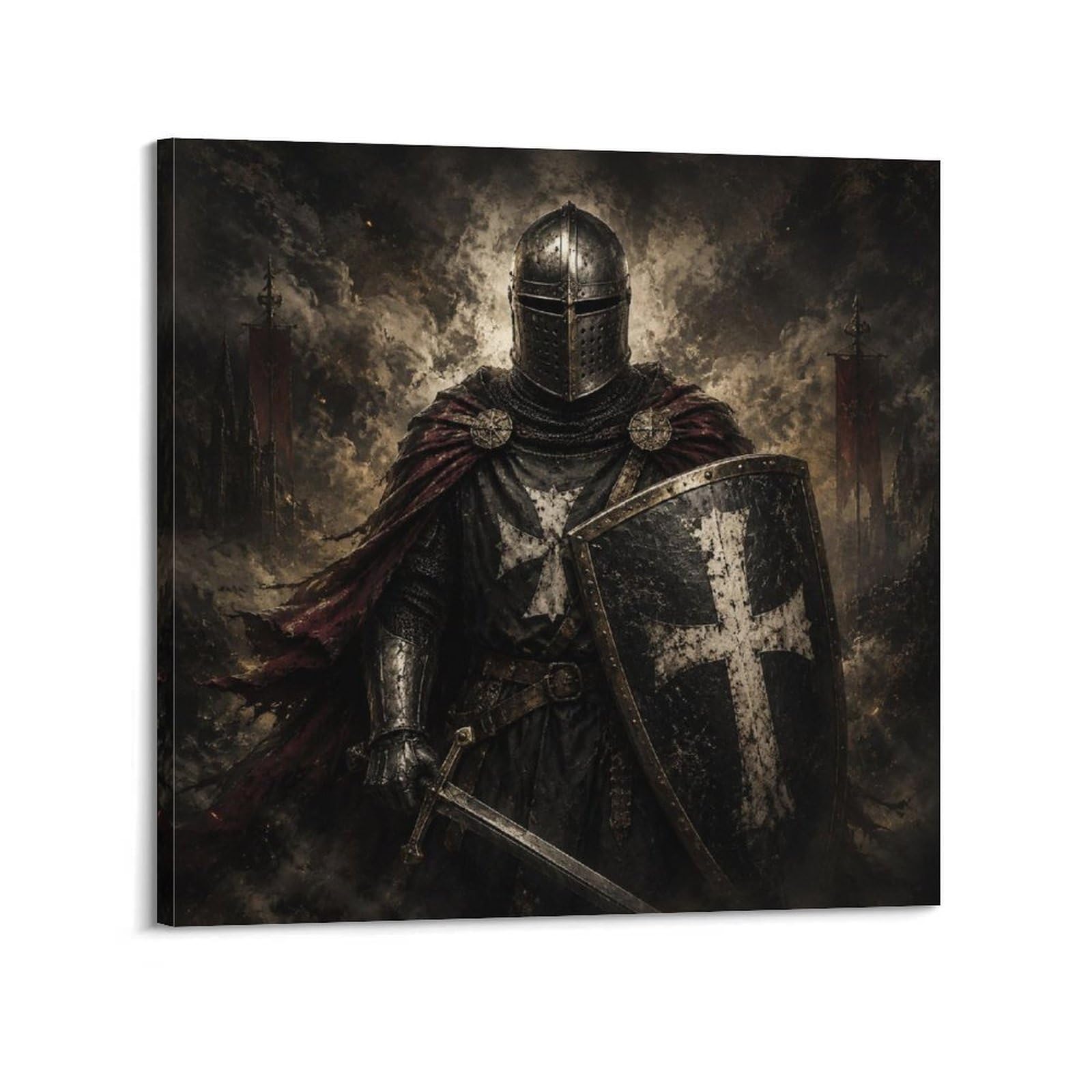 XKUGA Teutonic Knight Gothic Vintage Shield Poster Woodsmoke Armor Modern Decorative Canvas Prints - Ideal Wall Art for Family, Man Cave, Game Room, Boys & Girls Bedroom 16x16inch(40x40cm)