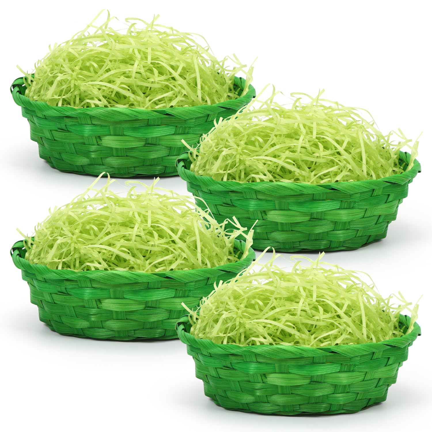 Osterkörbchen mit Deko Gras, 4 Stück Osterkorb Zum Befüllen, Grünes Bastkörbe 22.5 * 7.5cm,100g Ostergras Grün, Weidenkörbe Ostergras, Osternester Korbflechten für Kinder Ostern Eier Dekoration