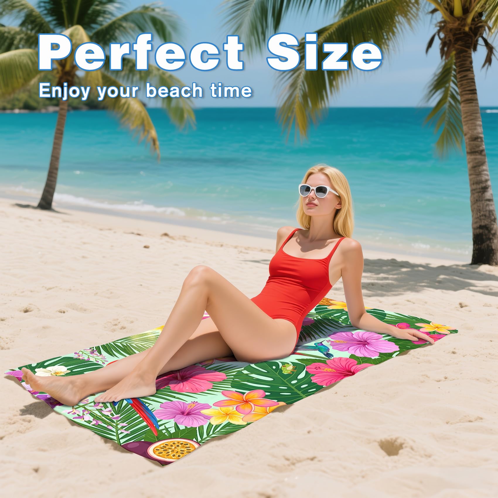 Serviette de Plage XXL Microfibre Feuilles Tropicales Hibiscus Perroquet, Drap de Plage Séchage Rapide Anti Sable & Légère, Serviette de Bain Grande Taille 100x200 cm, Accessoire