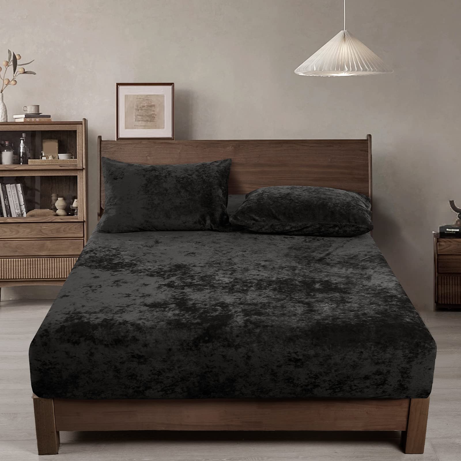 PHF Velvet Fitted Sheet Twin Size, 1 Pack Luxury Super Soft Cozy Comfy Bed Sheets with 15'' Deep Pocket, Suitable for Fall Winter and Spring, No Pillowcases, Black
