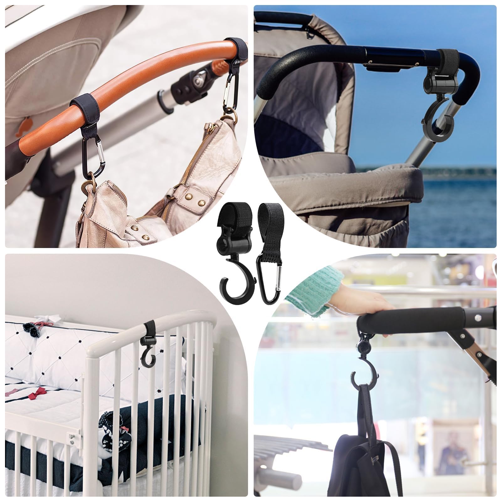 4 Pezzi Ganci Passeggino, Ganci per Passeggino Universale Leggero Rotanti Appendi, Multiuso Gancio Clip con Chiusura Regolabile, Ganci Appendere per La Spesa Borse Pannolini Borsette (Nero)