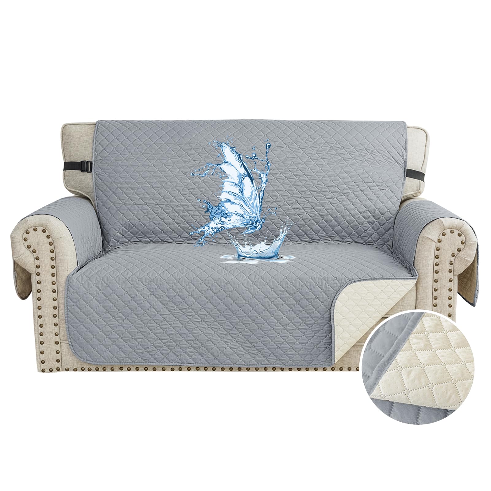 Funda Sofa Impermeable 2 Plazas, Cubre Sofas Antiarañazos Gatos, Couch Cover Antideslizante Antimanchas, Universal, con Reposabrazos, Lavable, Gris Claro Global Recycled Standard Global Recycled Standard Global Recycled Standard