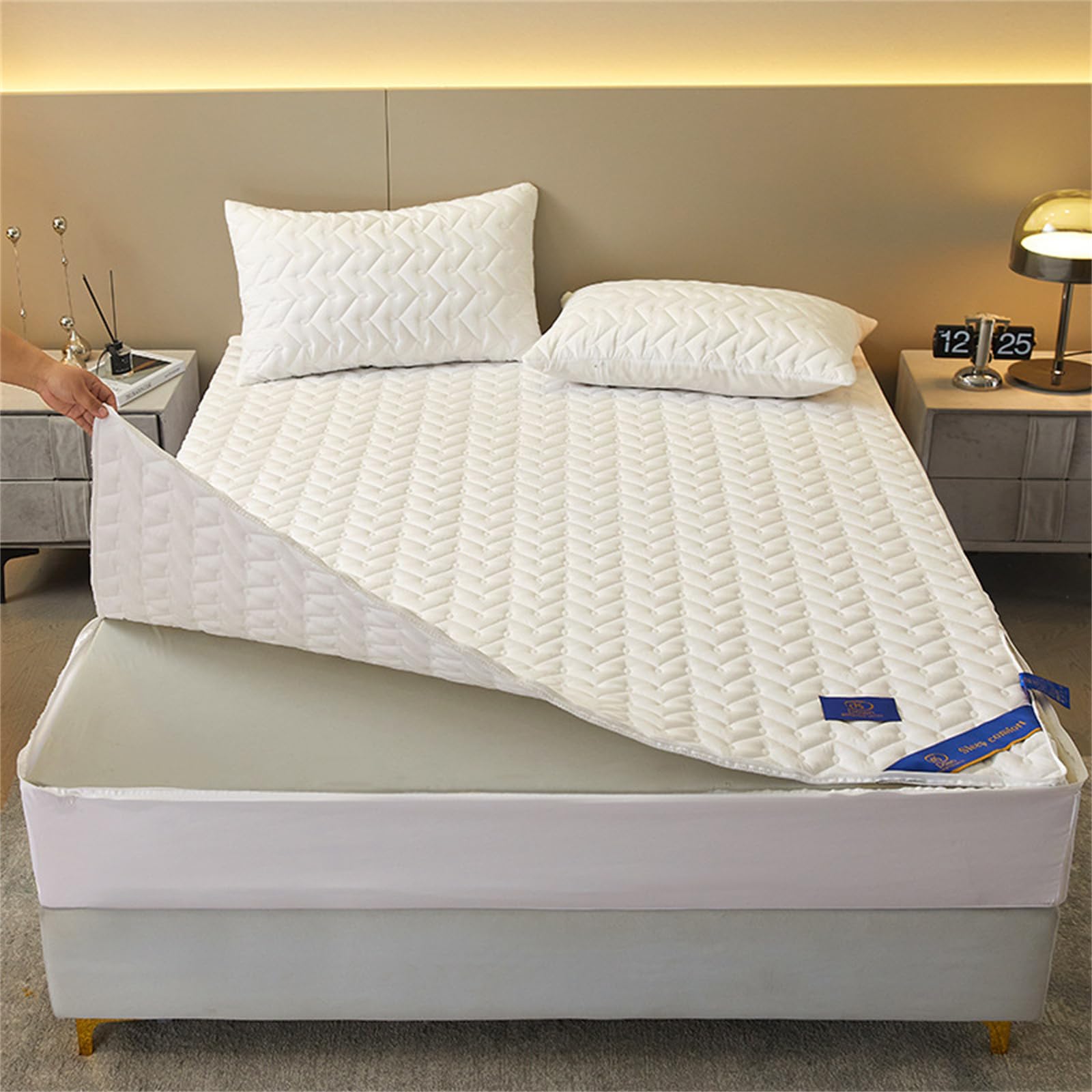 Morbuy Acolchado Funda de Colchón Polialgodón con Cremallera, Protector de Colchón Impermeable y Transpirable para Cama Individual, Doble, King y Super King (150x200+25cm,Amarillo Claro)