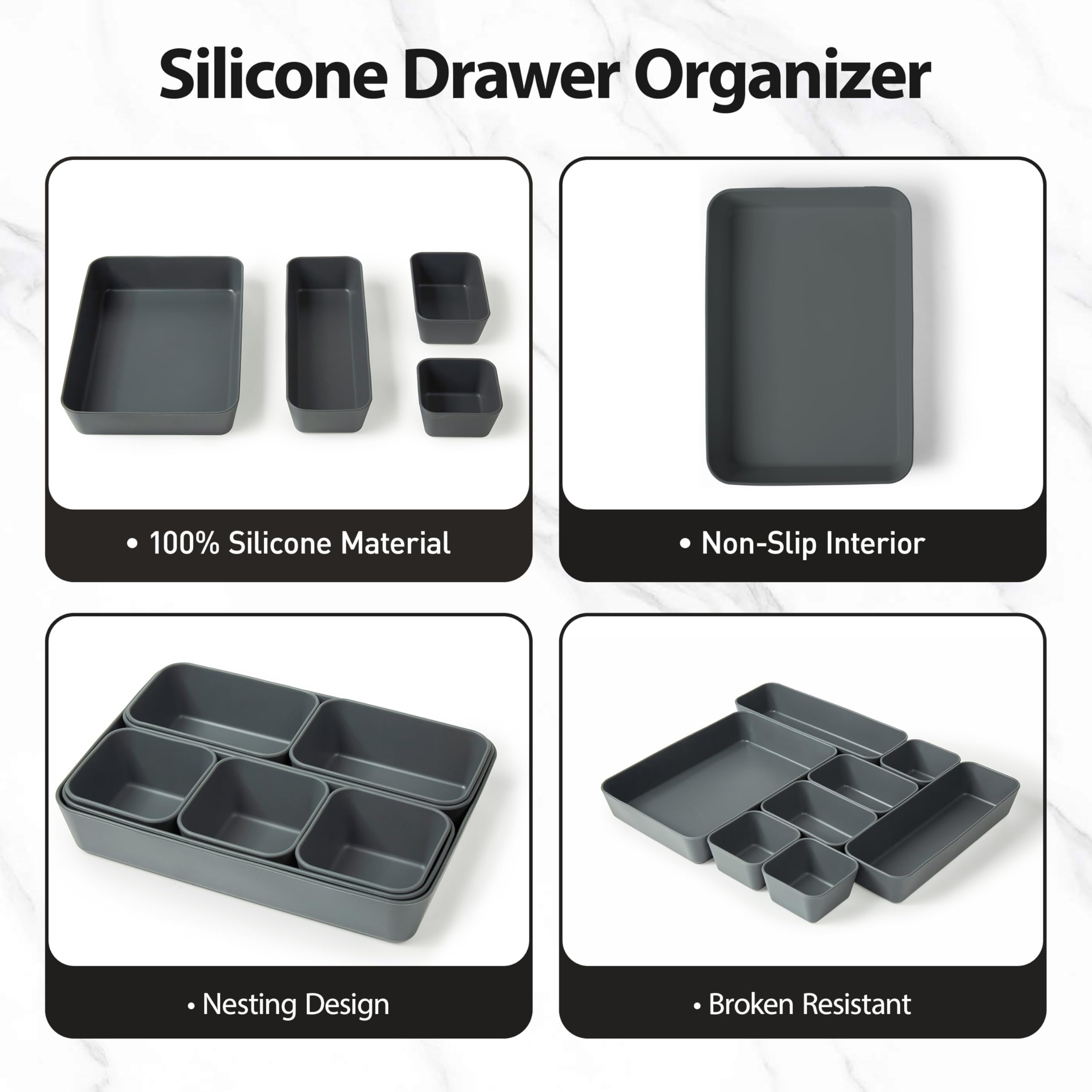 ISSEVE Set di 8 organizer per cassetti in silicone, versatili in 4 dimensioni, organizer per cassetti da bagno, divisori, organizer per cassetti da scrivania, per ufficio, cucina, camera da letto e