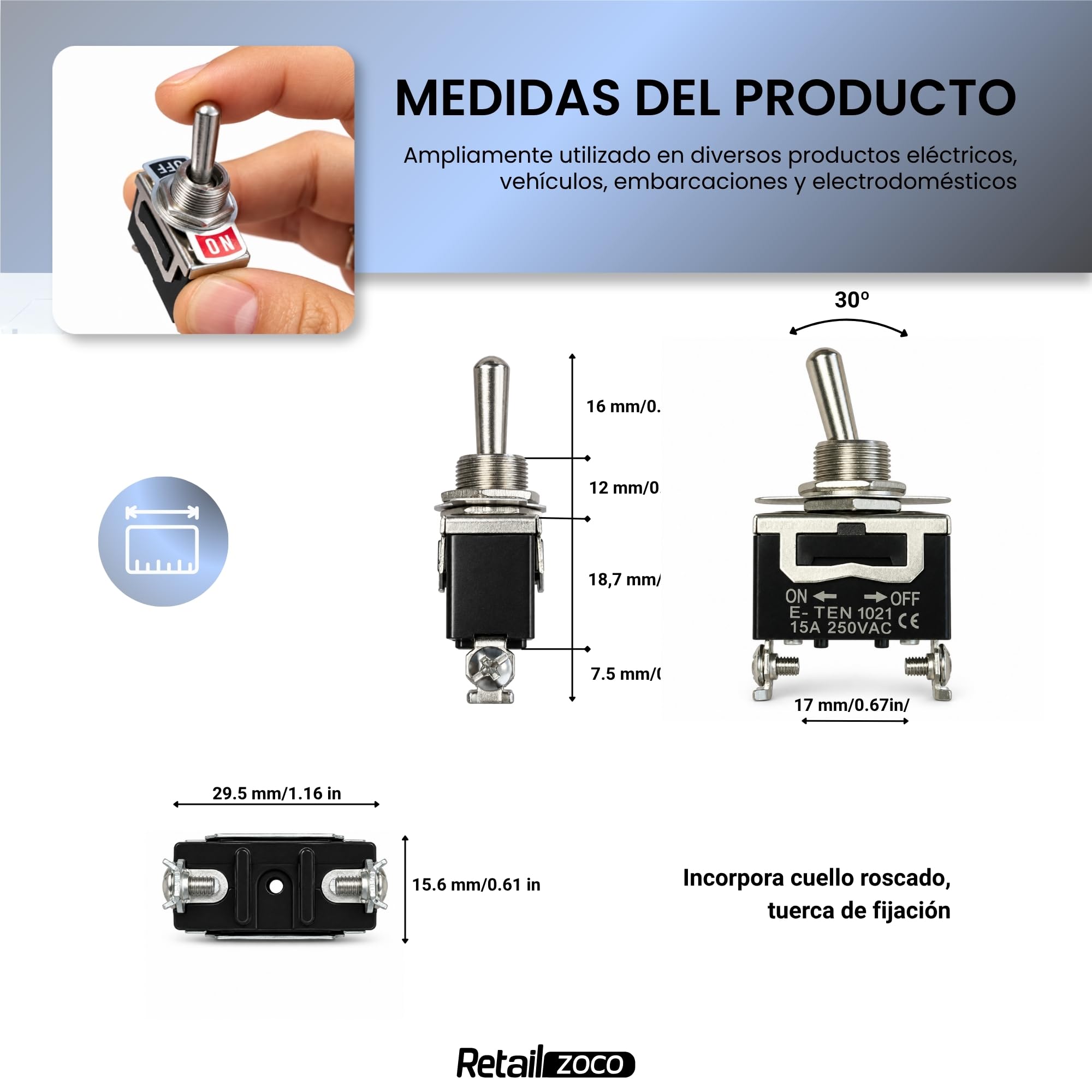 Interruptor de palanca SPST ON/OFF 2 pin, 1 Unidad - imagen 4