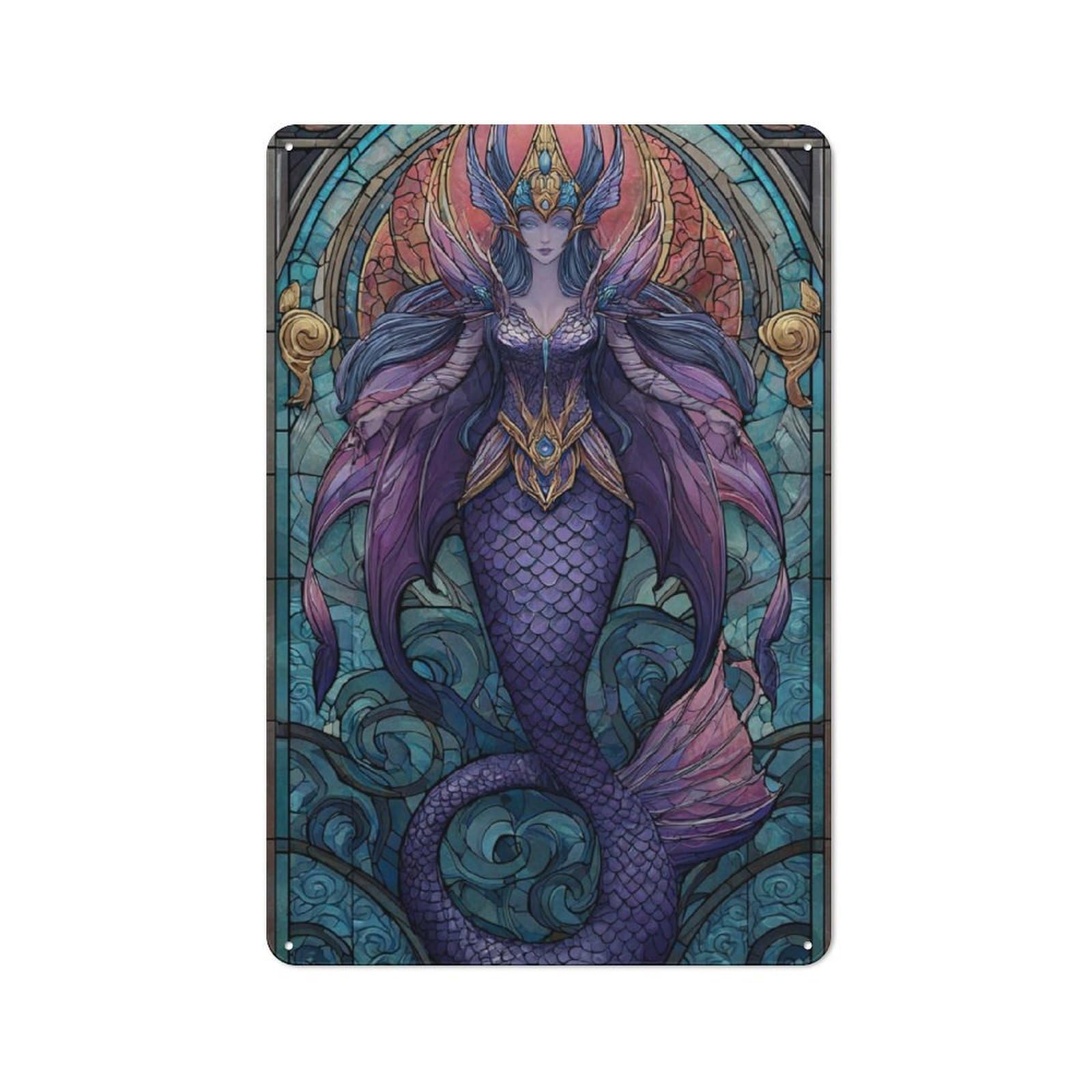 Junmoney Stained Glass Mermaid Majesty Retro Metal Wall Sign 30X20cm With For Home Bar Wall, A Housewarming Gift For Hosts Who Enjoy Retro Interiors