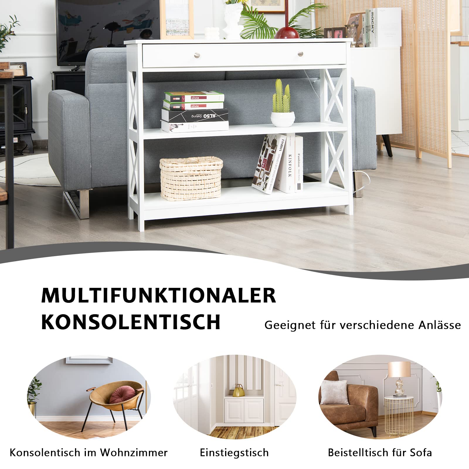 GOPLUS Console Table with 3 Levels, Narrow Half-Table, Wooden Side Table, Stable with Side X-Shaped Support Bar, Country Style Lacquered and Easy Care for Hallway and Living Room (White