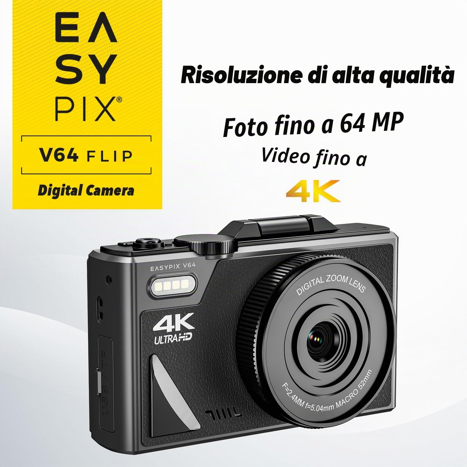 Easypix V64 Flip, fotocamera digitale con flip-screen, display pieghevole da 3,0", risoluzione fino a 64 MP, zoom digitale 18x, WiFi, perfetto per vlogger e selfie