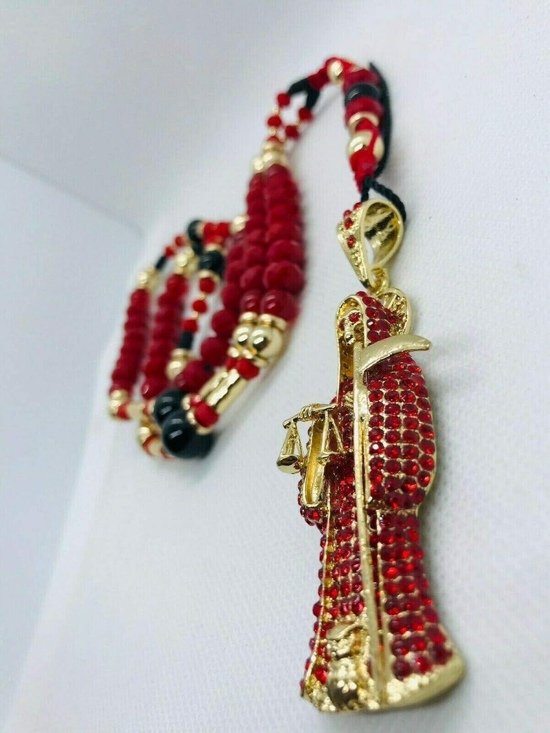 Santuario Jewelry Rosario Santa Muerte diamantado rojo Buchon Sinaloense Rojo Sangre