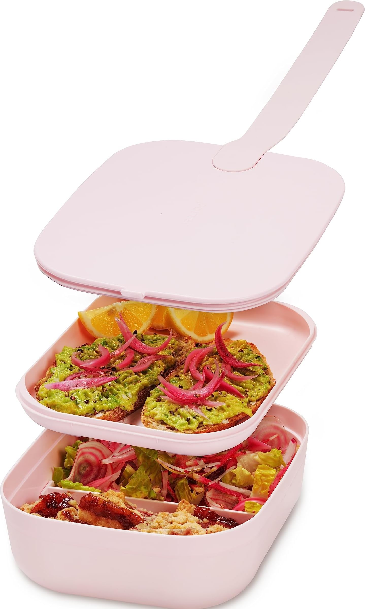 W&P Porter Bento Lunch Box, 3 Compartment Bento Box Portable Adult Lunch Box with Snap Strap- Food Container, BPA Free, Dishwasher and Microwave Safe, Blush, Medium