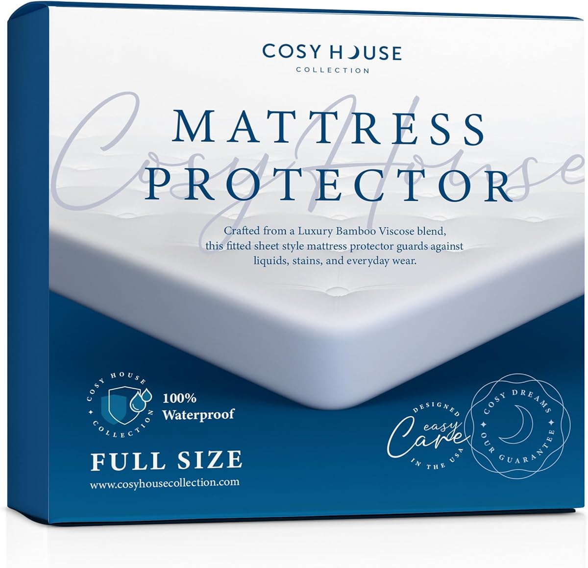 Cosy House Collection Luxury Mattress Protector - Blend of Rayon Derived from Bamboo - College Dorm Room Essentials - Ultra Soft Comfort, Stays Cool & Quiet - Premium Fitted Sheet Style (Full) White