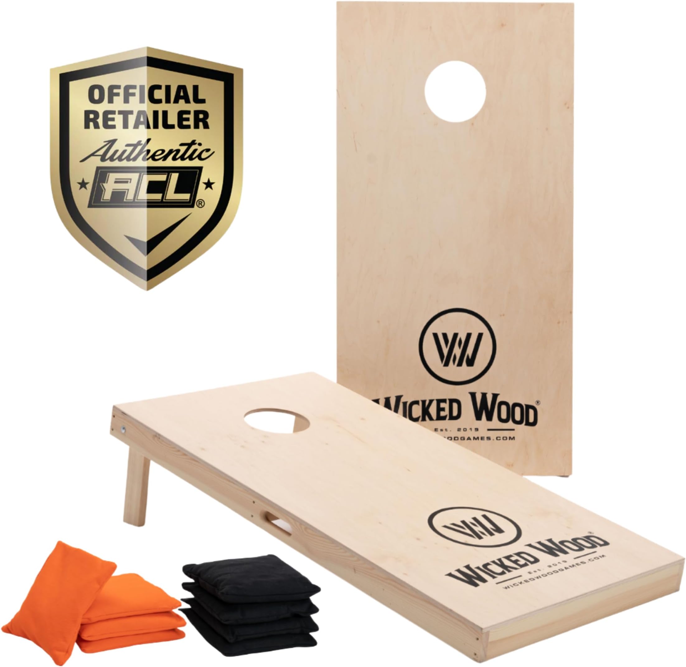 Wicked Wood Games Official Cornhole Set 120x60cm (4’x2’) - Competition Size - ACL Licensed Product - Including 2 Boards + 2x4 Bags (Orange & Black) - UV Print - Solid Wood - Outdoor Use