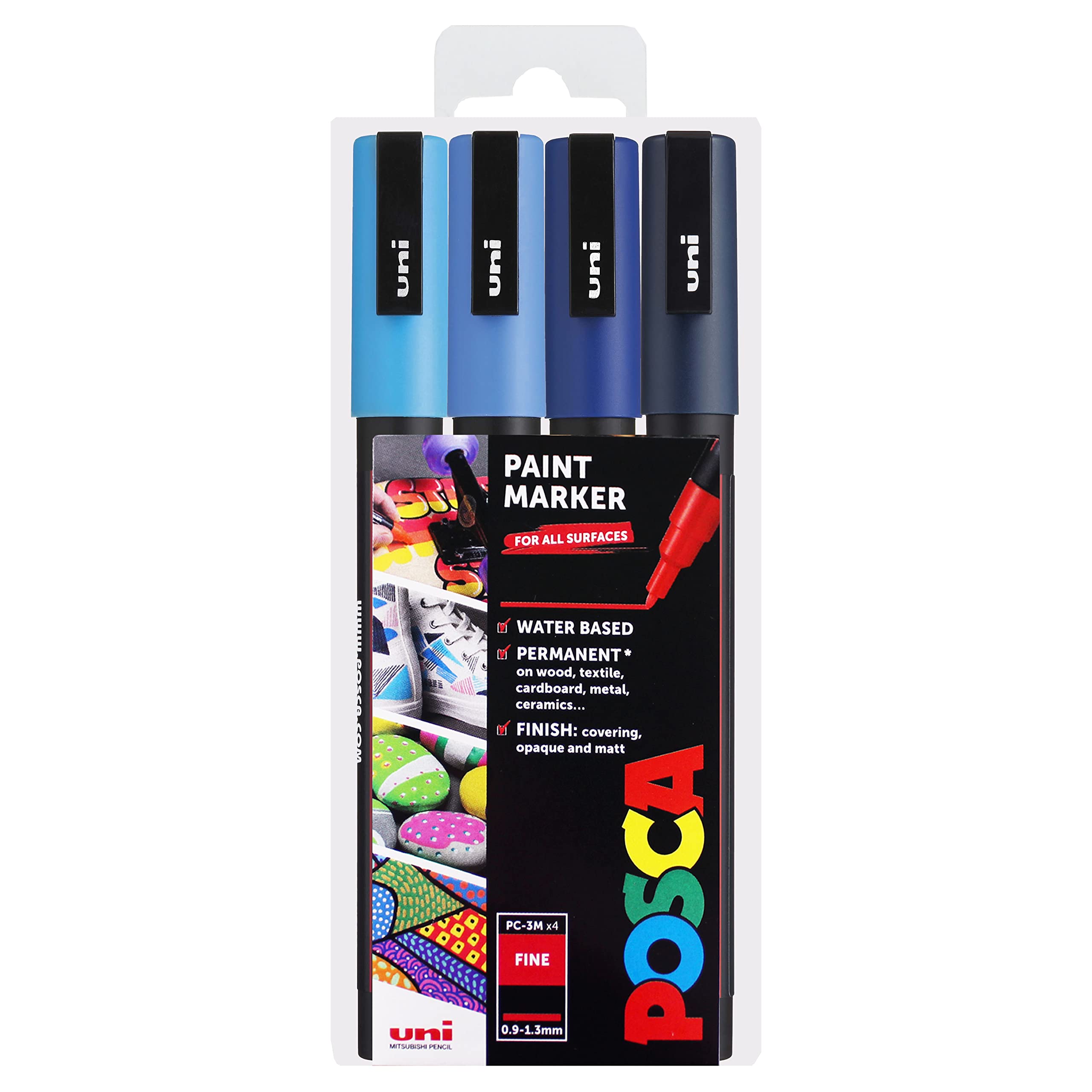 POSCA PC-3M - Rotuladores artísticos de 0,9 a 1,3 mm, tonos azules, juego de 4 bolígrafos en cartera