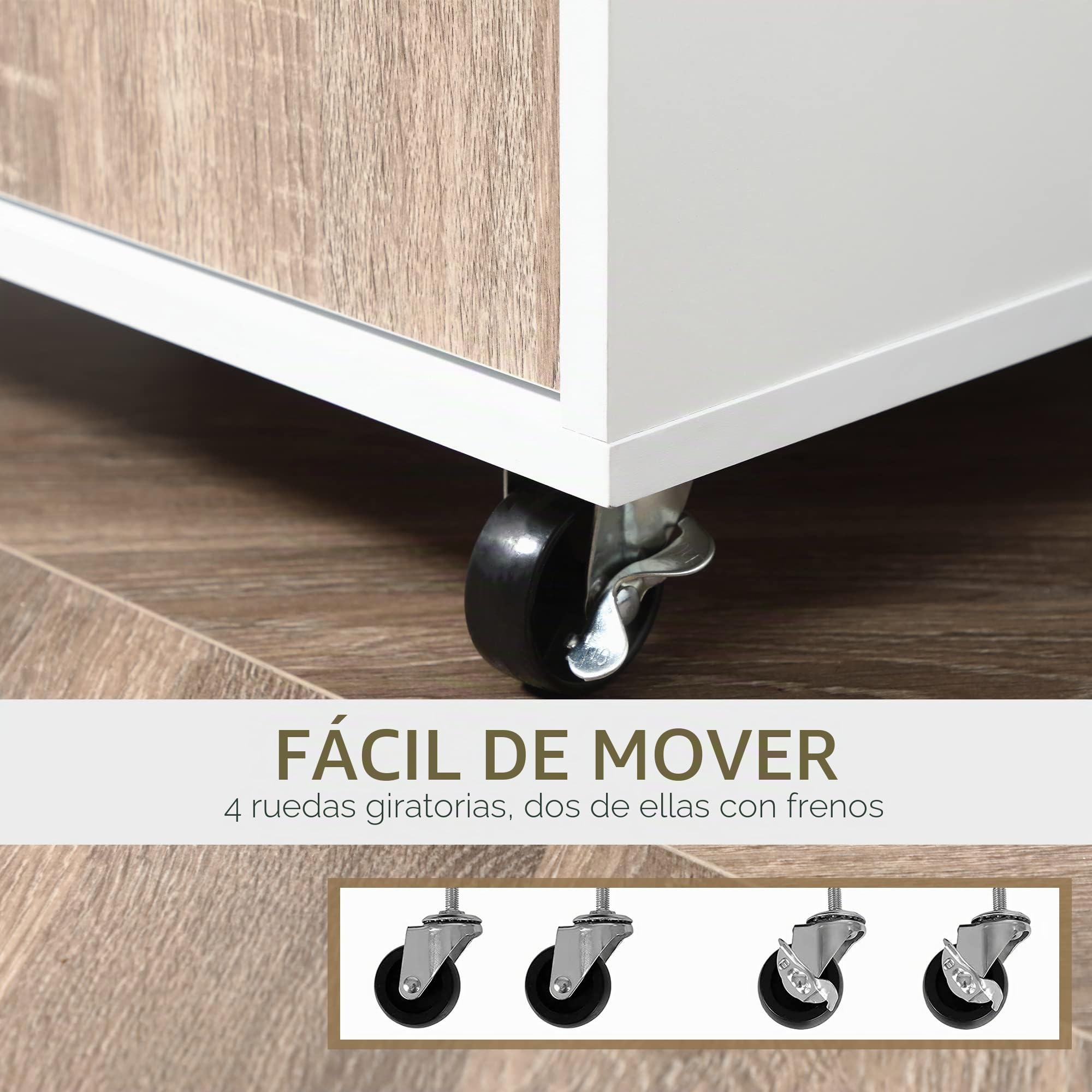HOMCOM Carro de servicio con ruedas Cajón Armario Madera Blanco Roble Claro | Postre de cocina, 2 puertas