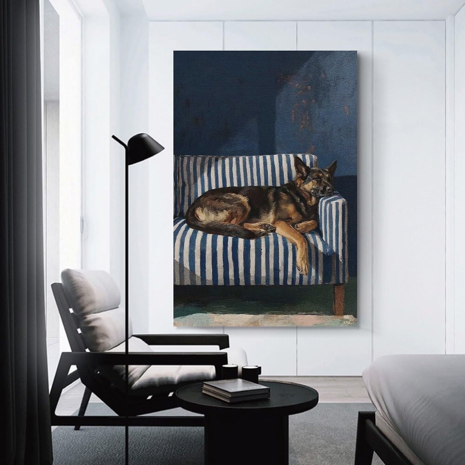 Junmoney Canvas Wall Picture Sleeping German Shepherd on Striped Couch, 24x36inch(60x90cm), for Home Lounge, Bedroom Or Reading Nook, A Home Accent with Warm Character