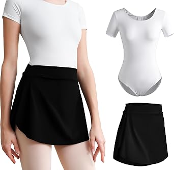 Women Team Basic Short Sleeve Leotard with Skirt | Pull on Ballet Skirt Included, Soft Stretchy Fabric, Full Front Lining, For Dance Class & Performance