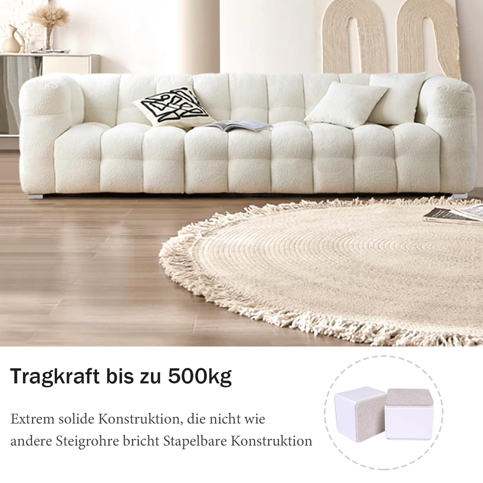 Möbelerhöhung aus Karbonstahl, 4 Stück Selbstklebende Möbelerhöhung, Etterhöher, Tischerhöher, Schwerlast Betterhöhung, Durchmesser 6 cm, Fügt 5 cm Höhe zu Betten Sofas, Quadrat, Weiß
