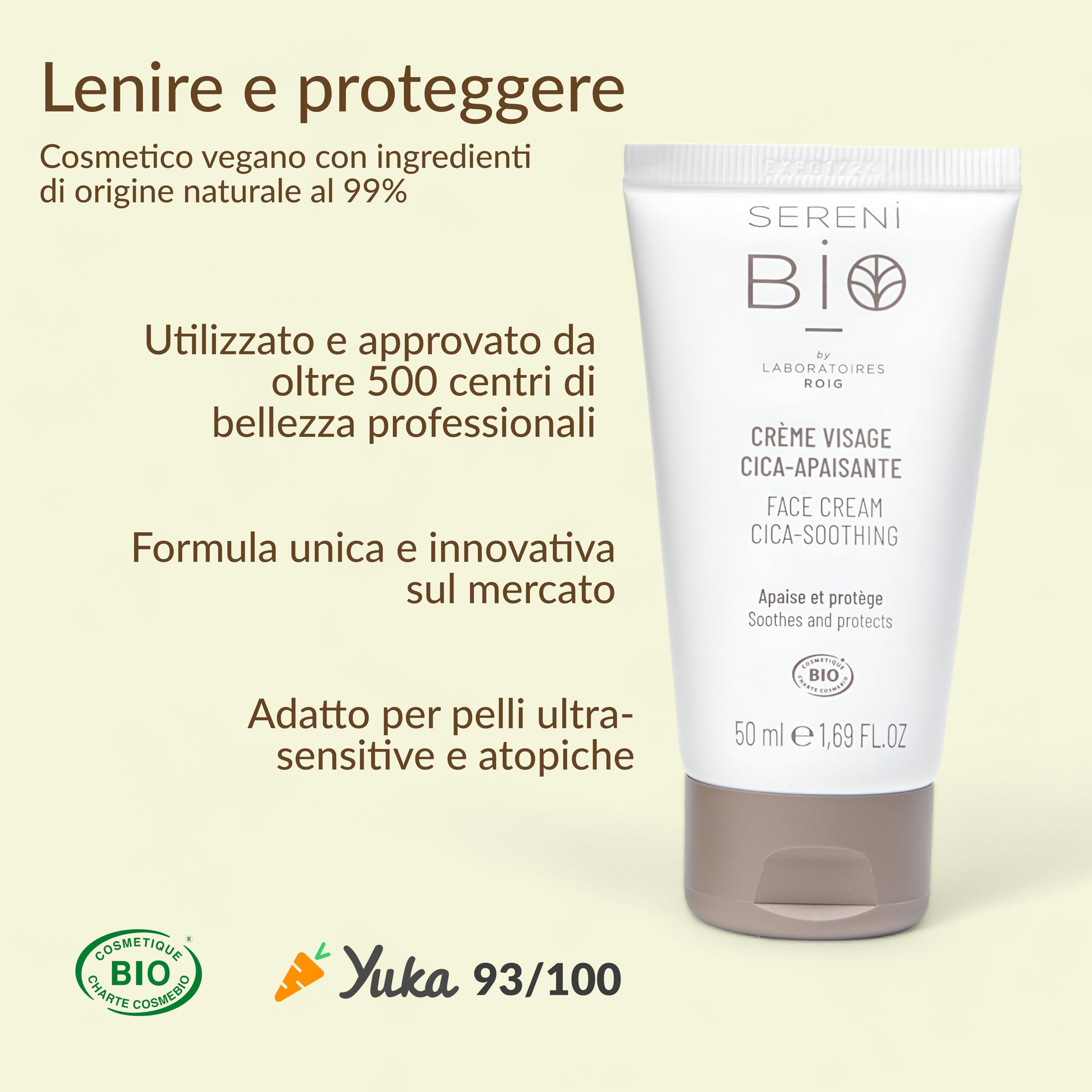 Sérénibio Crema Viso Centella Asiatica - Lenisce, Protegge e Ripristina - Cura Viso Professionale Certificata Bio Vegan e Equosolidale - Crema Idratante per Pelli Ultra Sensibili - 50ml