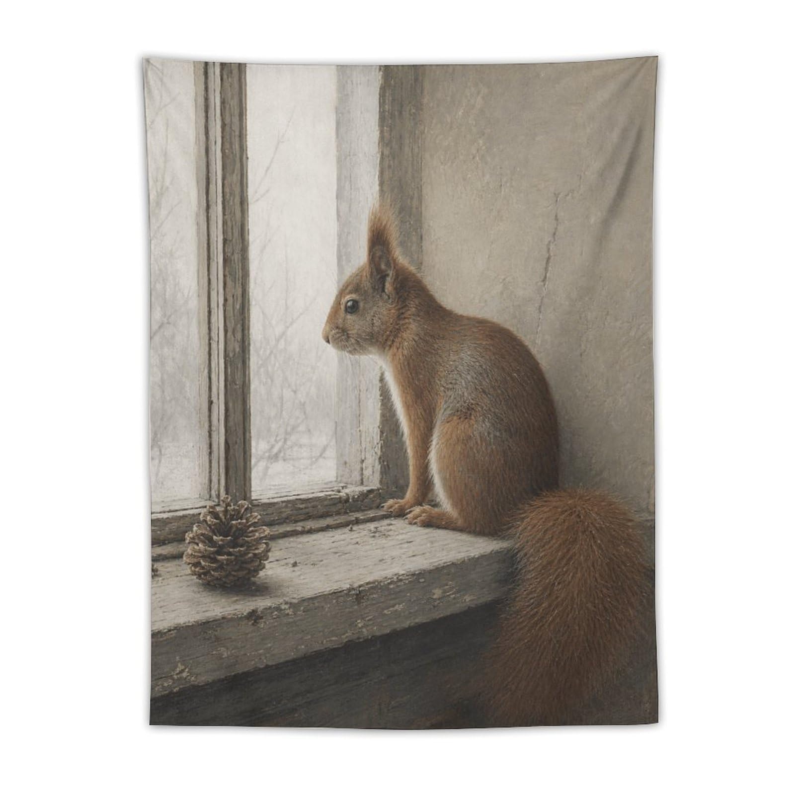 H3B8U2Y5 Squirrel at Window Wall Tapestry, Realistic Illustration