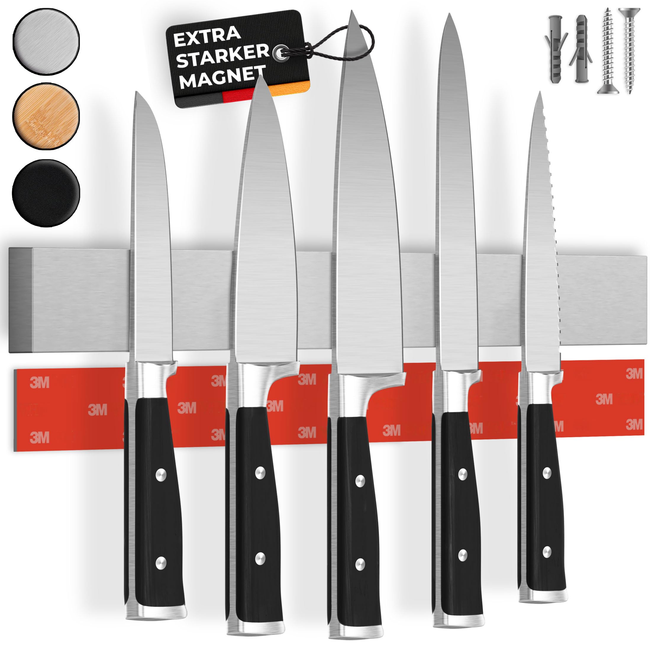 CUCINO Messer Magnetleiste selbstklebend - Vergleichssieger mit extra starkem Magnet - Einfache Montage mit 3M Klebeband ohne Bohren, aus Premium-Edelstahl - 40cm