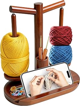 Lemosyu Wooden Yarn Holder for Crocheting and Knitting, Magnetic Rotating Yarn Spinner with 2 Spindles, Crochet Accessories Storage & Phone Stand, Perfect Gift for Knitters, Women, Mom, Grandma