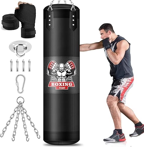 Hanging Punching Bag for Adults, 4ft PU Leather Heavy Boxing Bag Set, Hanging Bag Boxing Equipment for MMA Karate Kickboxing Boxing Home Gym,