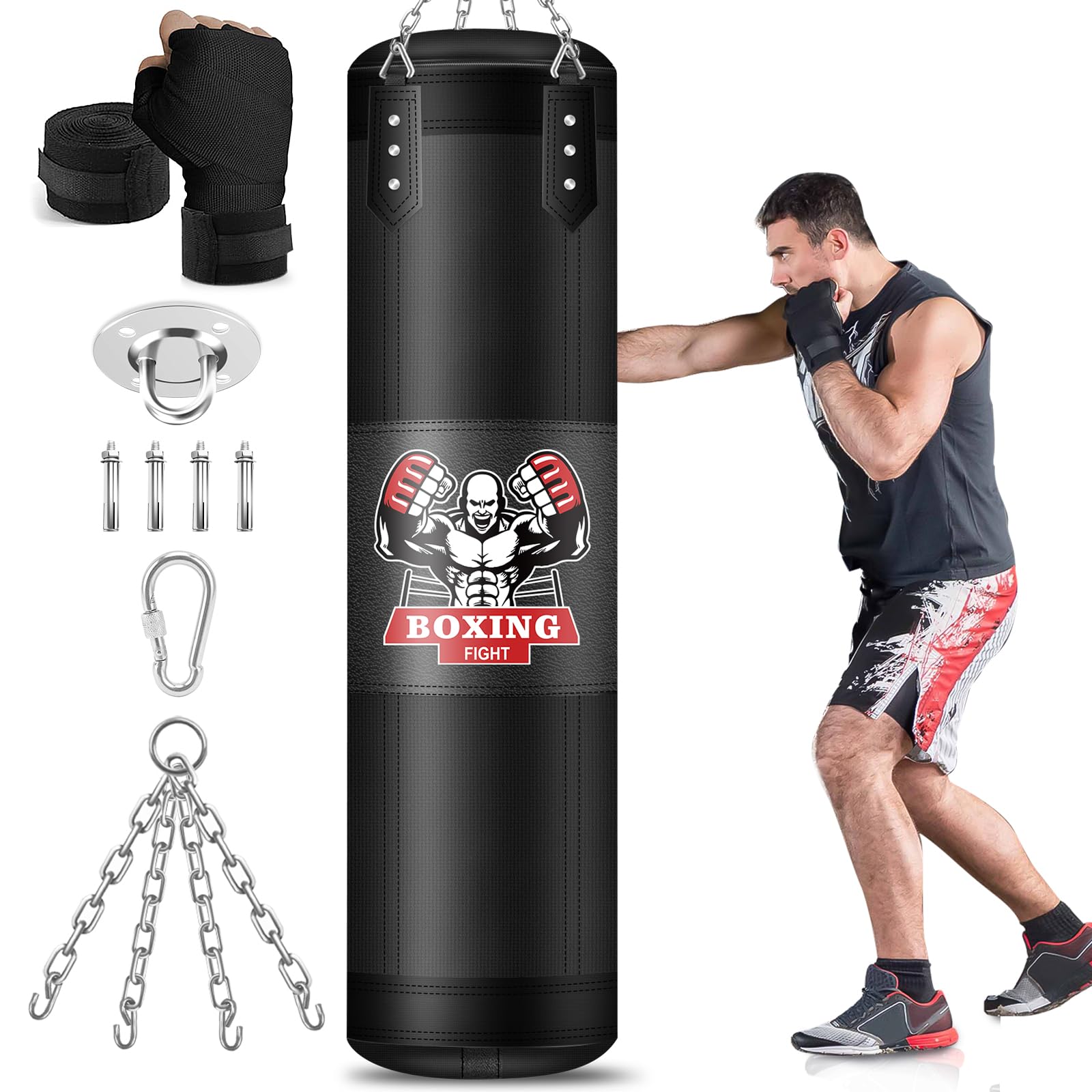 Hanging Punching Bag for Adults, 4ft PU Leather Heavy Boxing Bag Set, Hanging Bag Boxing Equipment for MMA Karate Kickboxing Boxing Home Gym, Unfilled
