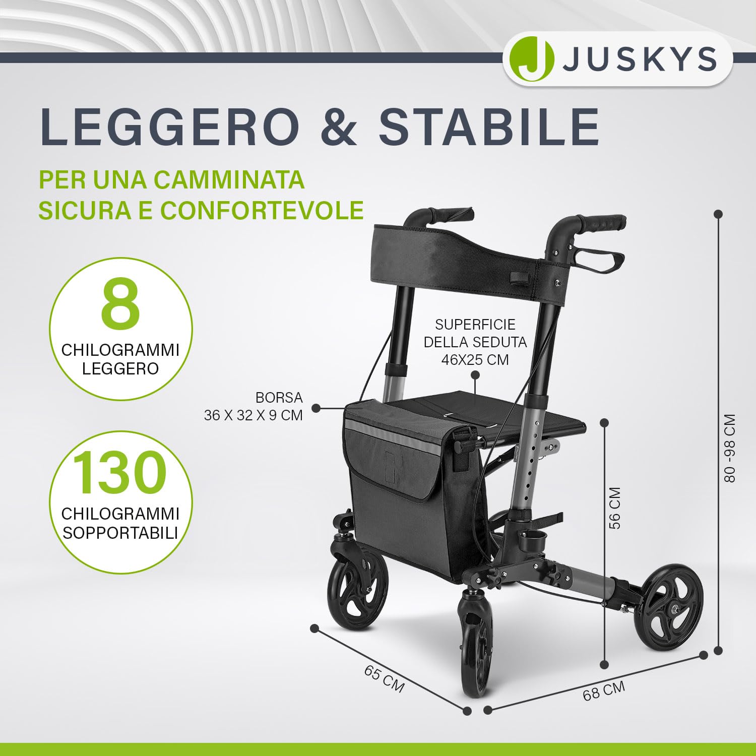 Juskys Rollator Vital nero – Aiuto per la deambulazione pieghevole e leggero in alluminio fino a 130 kg – Supporto per la deambulazione regolabile in altezza con sedile, borsa e supporto per ombrello