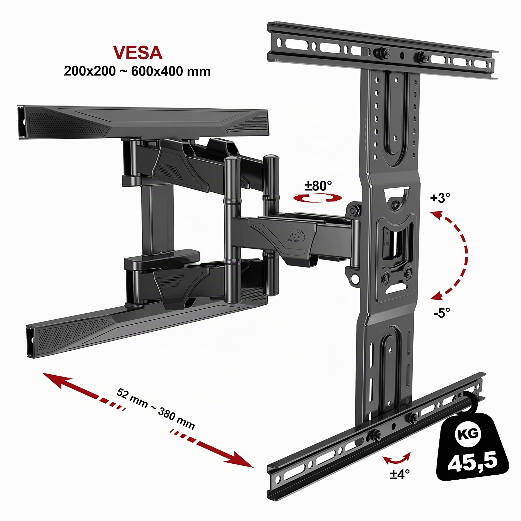 Ergosolid Supporto da parete per TV orientabile, robusto per schermi da 45 a 75 pollici, LED LCD, supporto TV con VESA max 600 x 400 mm, fino a 45,5 kg, Nero