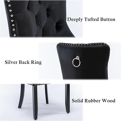 Miniatura 6 de Rhomtree Juego de 4 sillas de comedor de tela de terciopelo, respaldo copetudo de lujo con ribete clavado y anillo trasero, sillas de comedor para
