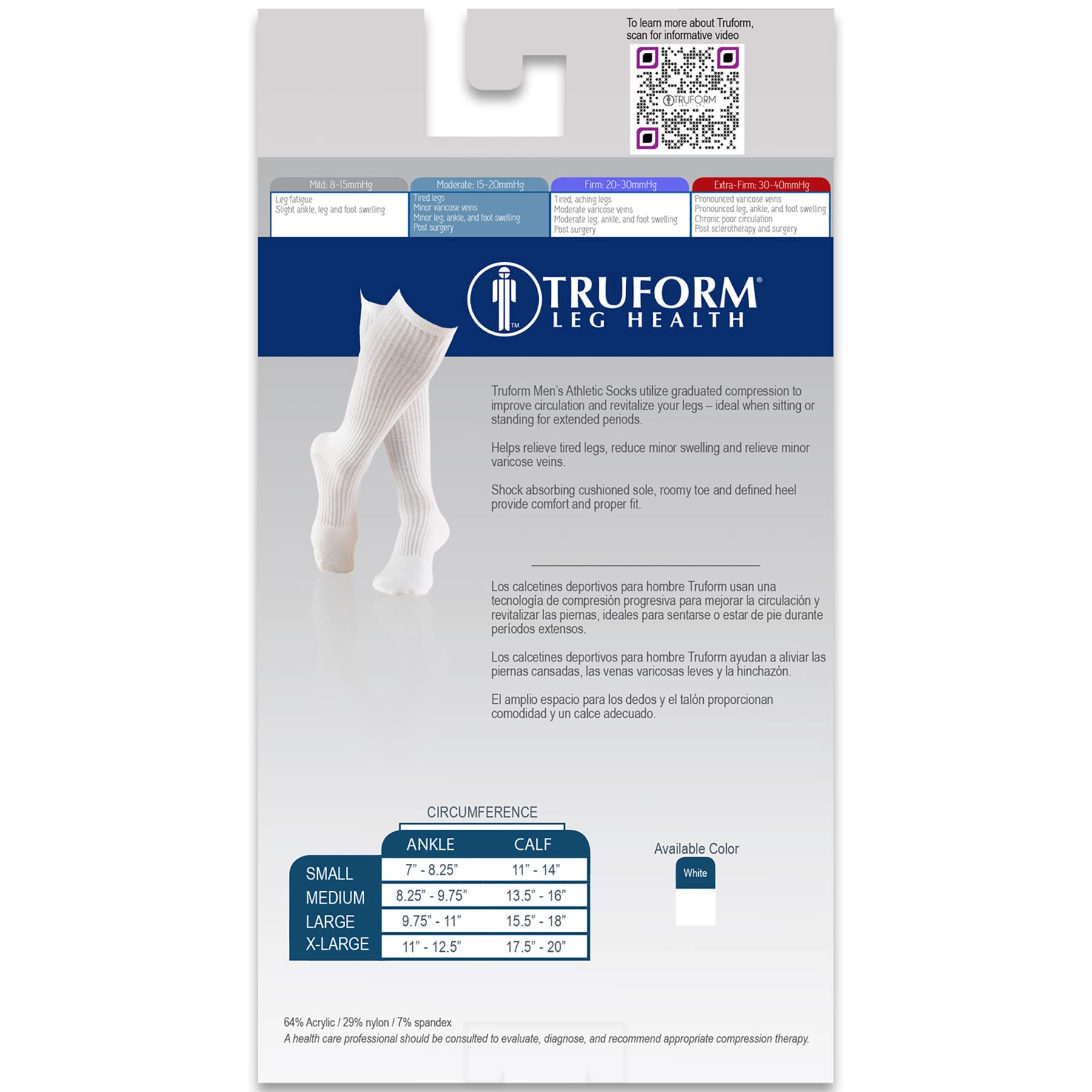 Truform Compression Socks, 15-20 mmHg, Men's Gym Socks, Knee High Over Calf Length, White, Large