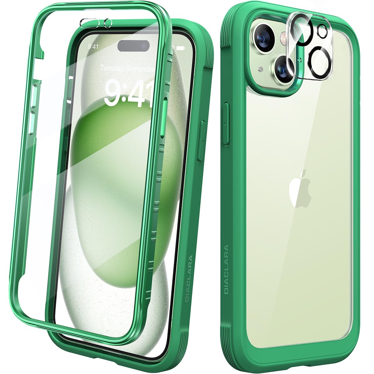Diaclara Designed for iPhone 15 Plus Case 6.7 Inch, Full-Body Clear Bumper Cases w/Built-in Screen Protector, 360 Protective Rugged Case + Glass Camera Lens Protector,Mint Green