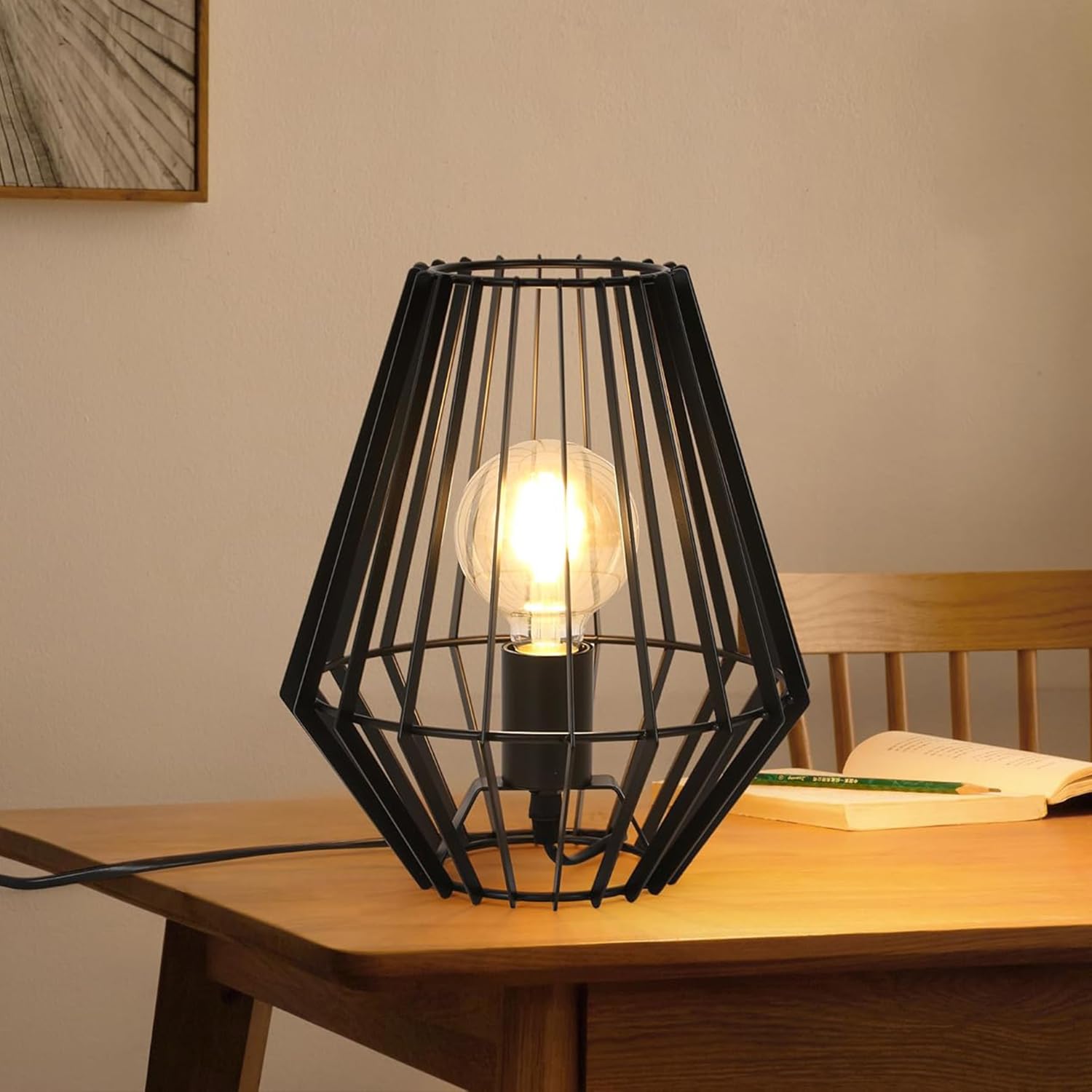 Osairous Lámpara de mesa hueca de hierro vintage, lámpara de mesa con jaula de metal, lámpara de noche industrial retro negra, lámpara de mesa para decoración del hogar (sin bombilla)