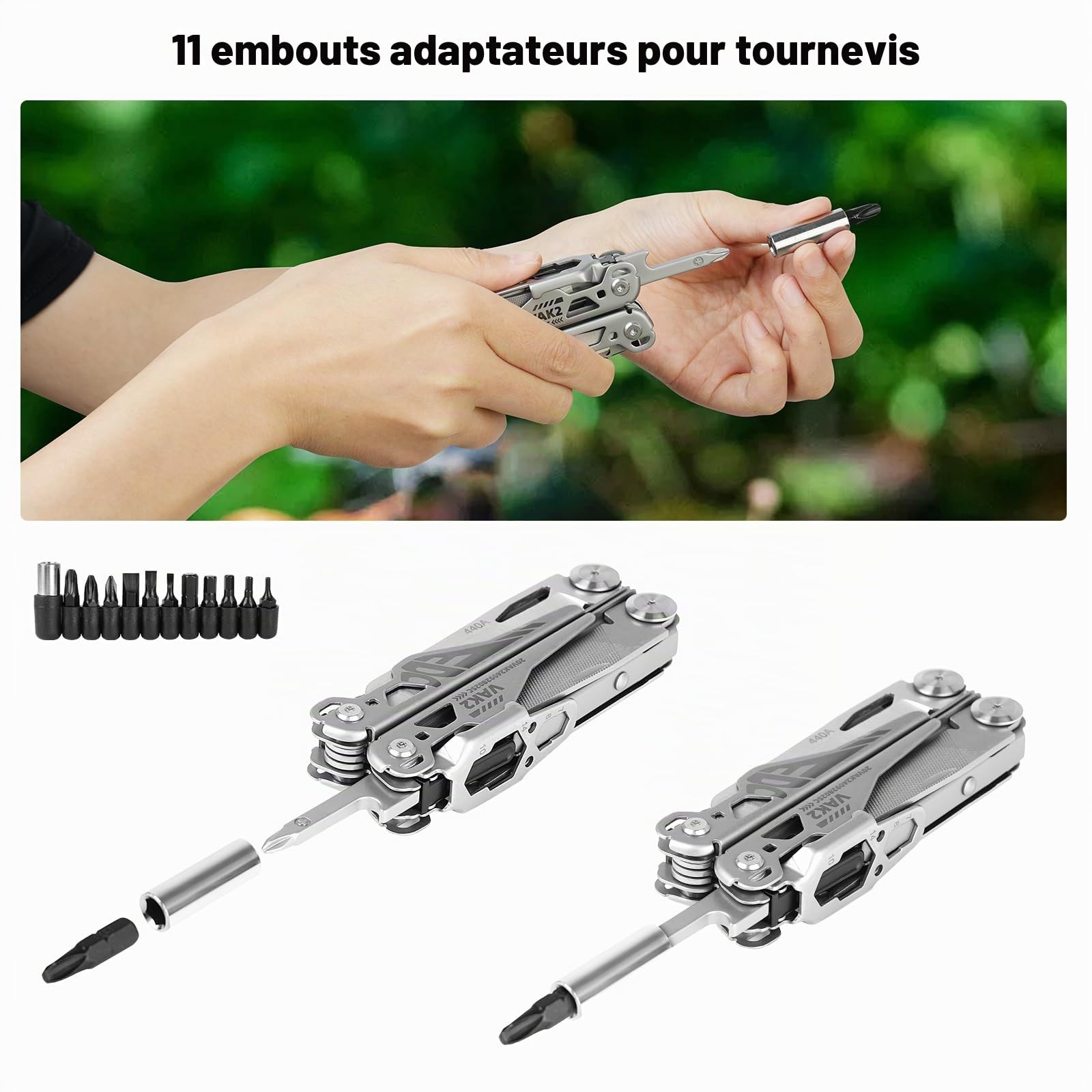 VIPERADE VAK2 EDC Multitool, Pince multifonction 20 en 1 en acier inoxydable, Couteau de poche avec verrouillage automatique, Multitools pliables et robustes avec ciseaux pour randonnée, camping