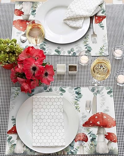 Miniatura 3 de Mushroom Eucalyptus Table Placemats for Dining Table Set of 6,Cotton Linen Cloth Kitchen Place Mats with Pocket,Washable Burlap