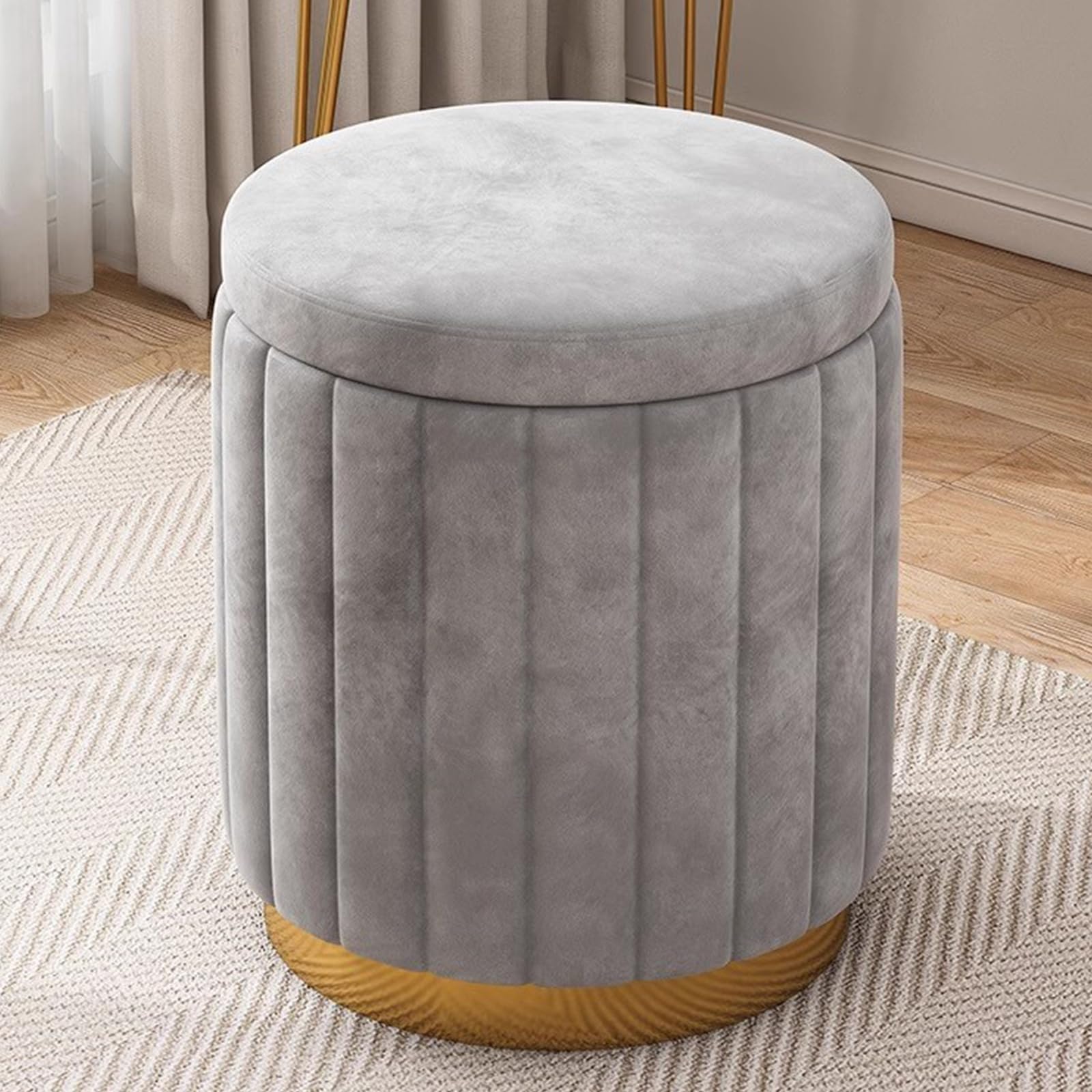 Otomana Redonda de Terciopelo con Espacio de almacenaje, Moderna, tapizada, con Tapa extraíble y Base de Metal Dorado, Ideal para Sala de Estar y Dormitorio, Color Gris.