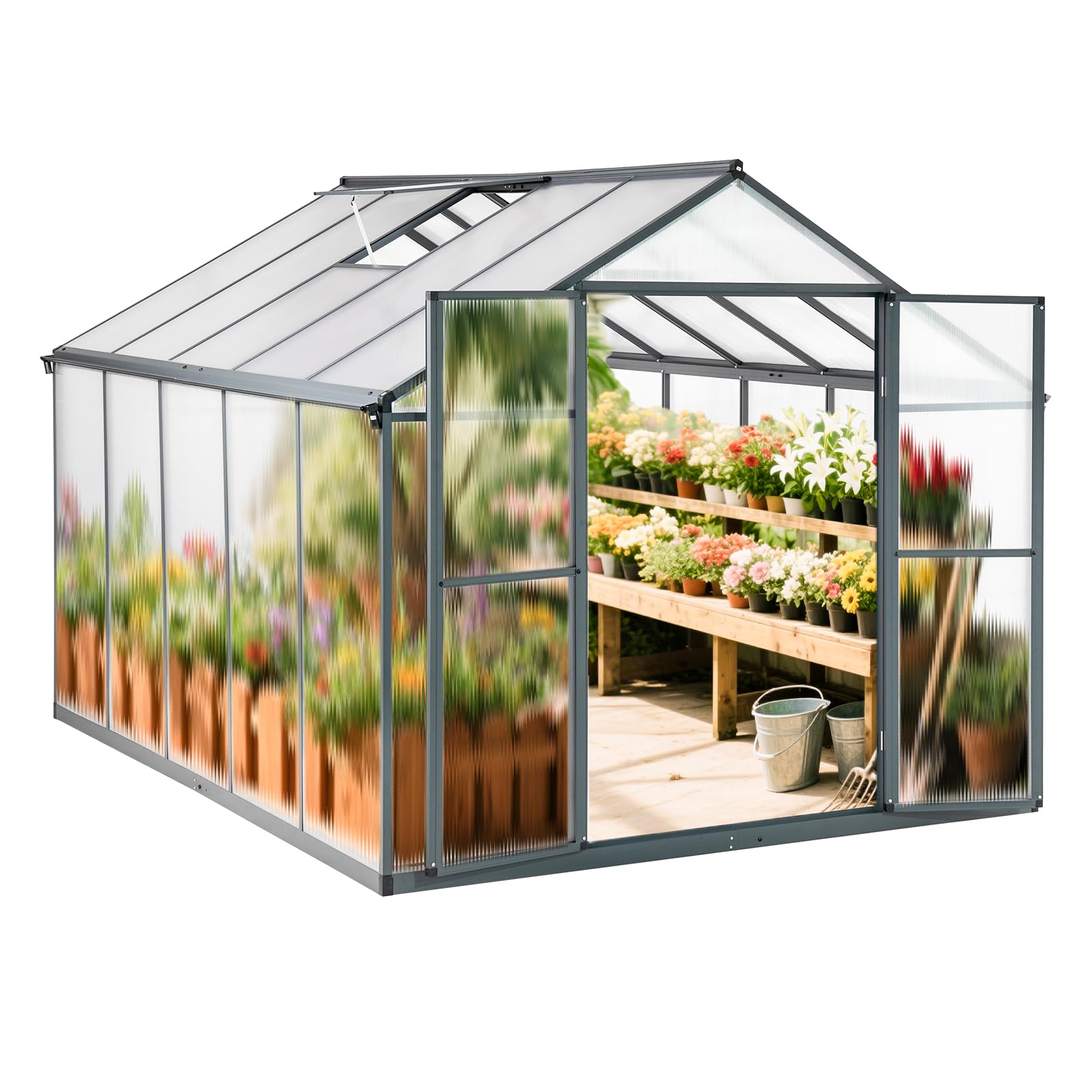 Serre en aluminium avec fondation de 302 x 238 cm, plaques de 4 mm, grande serre de jardin, résistante à l'hiver, pour semis précoce, élevage, 11,70 m³, double porte, gris