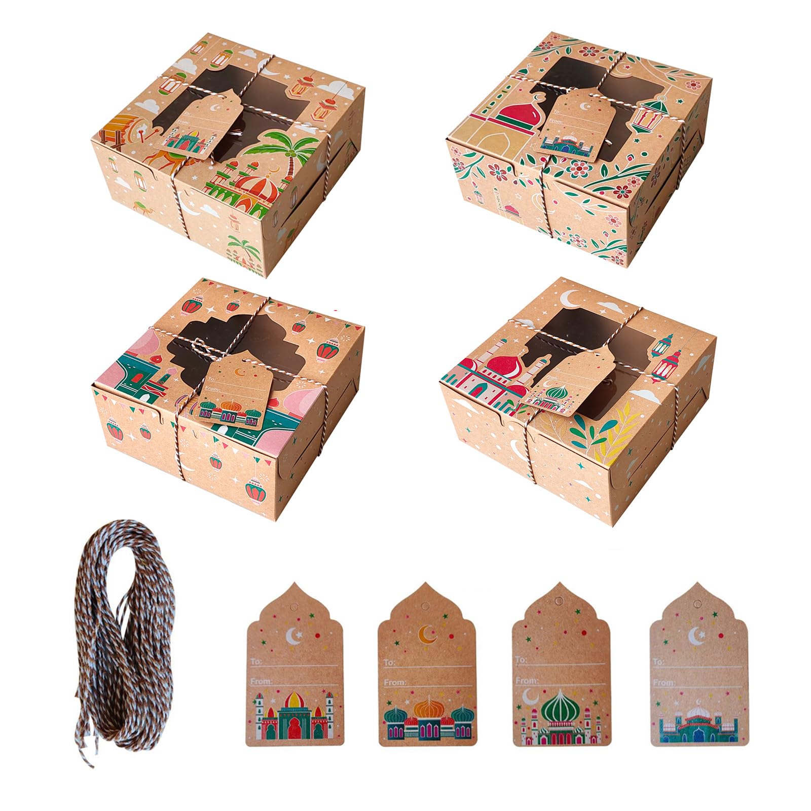 Jazuaiao 8pcs Eid Gift Boxes for Sweets and Chocolates Candy Holders KraftsPaper Window Box Muslims Festivals Decoration Eid Gift Packaging