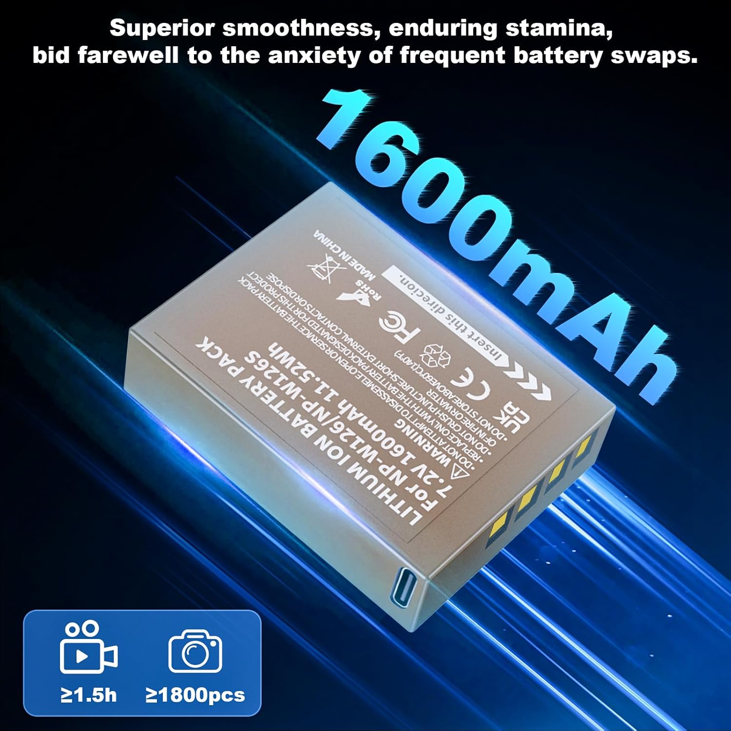 Upgraded 2Pack 1600mAh USB C NP-W126S Battery Compatible for Fujifilm XM5 X100VI X100V XS10 XT30II XT30 XT20 XE4 A5 Camera, High Capacity NP-W126 Battery - Image 4