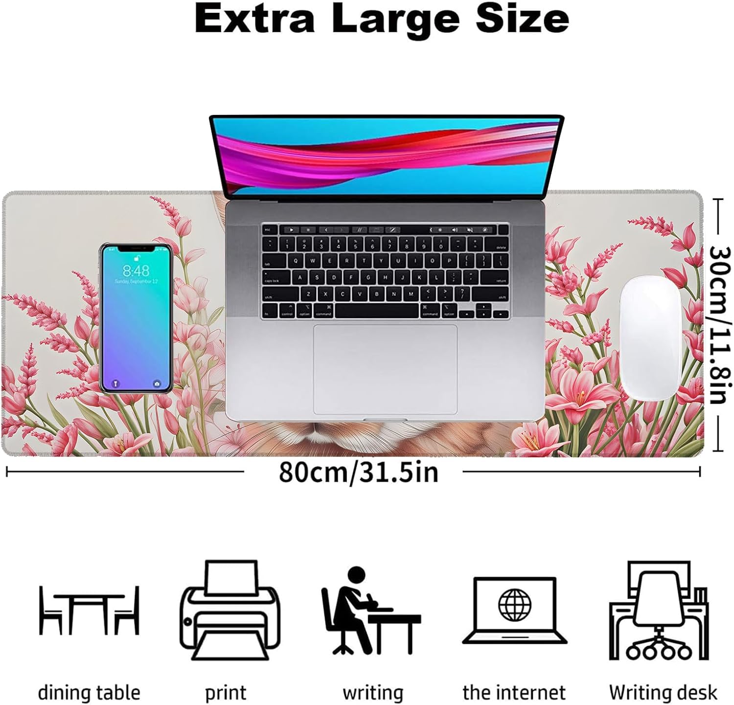 Floral Bunny Gaming Mouse Pad, Office Desk Mat, Anti-Slip Rubber Base Cool Aesthetic Mouse Pads for Computer Laptop Keyboard School Home Desktop Gamer Home Accessories Decor 31.5" x 11.8" - Image 3