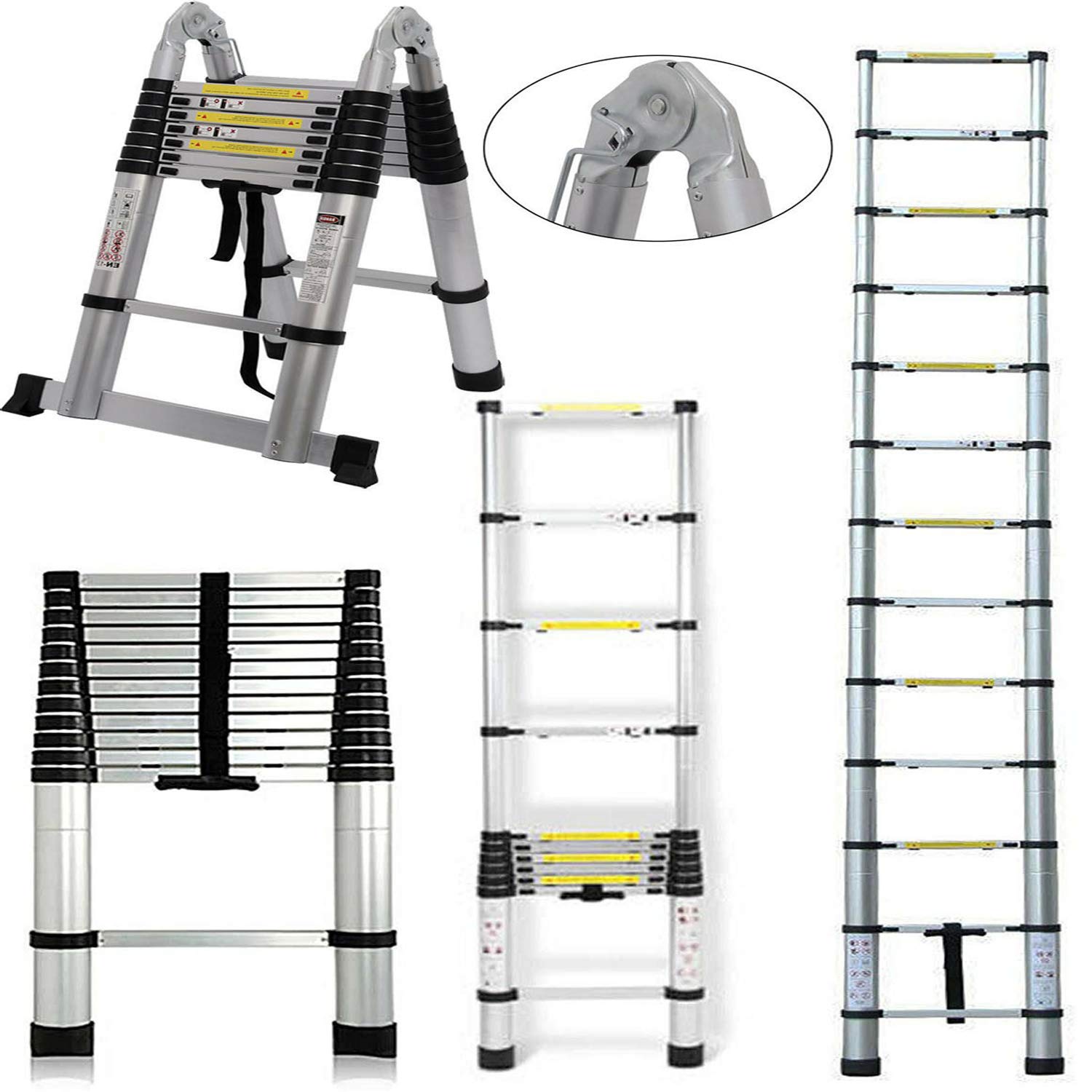 Escalera telescópica de aluminio de 12.5 pies, profesional, plegable, multiusos, con cierre de resorte, ideal para uso diario o de emergencia, capacidad de 300 libras