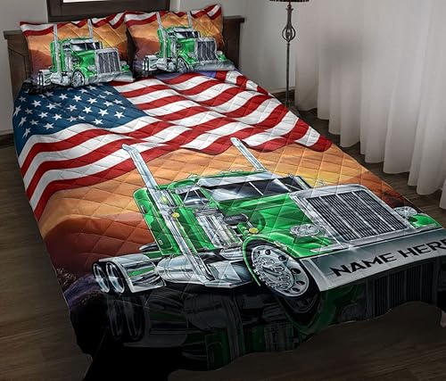 OhaPrints Manta y fundas de almohada con nombre personalizado de camión verde con bandera estadounidense estadounidense, regalo para camionero,